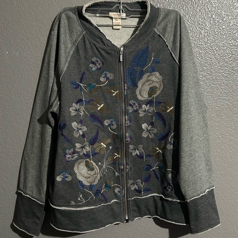 Sundance Floral Embroidered Cotton Blend Zip Front Bomber Jacket Size XL